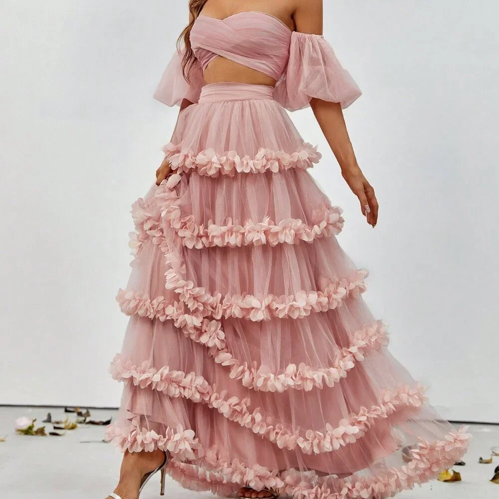 Dusty Pink Party Women's Off-Shoulder Crop Top & Ruffled Tulle Skirt Set - Picture 1 of 6